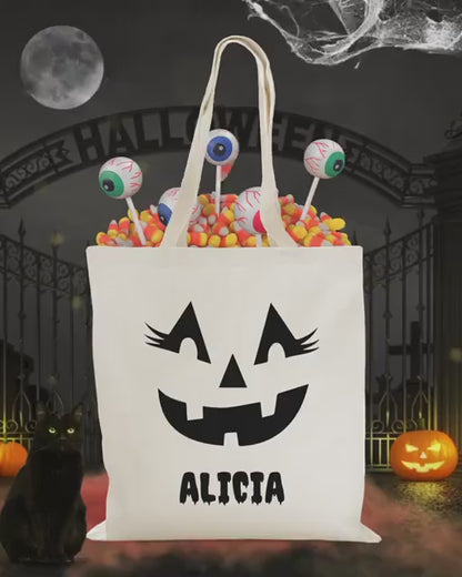 Personalized Jack O Lantern Pumpkin Face Halloween Tote Bag, Personalized Trick or Treat Bag, Halloween Kids Candy Bag with Name
