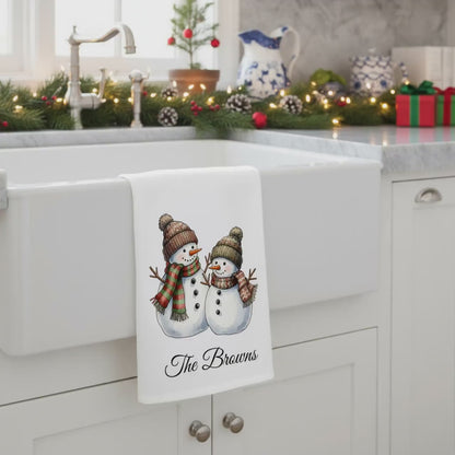 Personalized Snowman Tea Towel with Custom Family Name - Organic Cotton