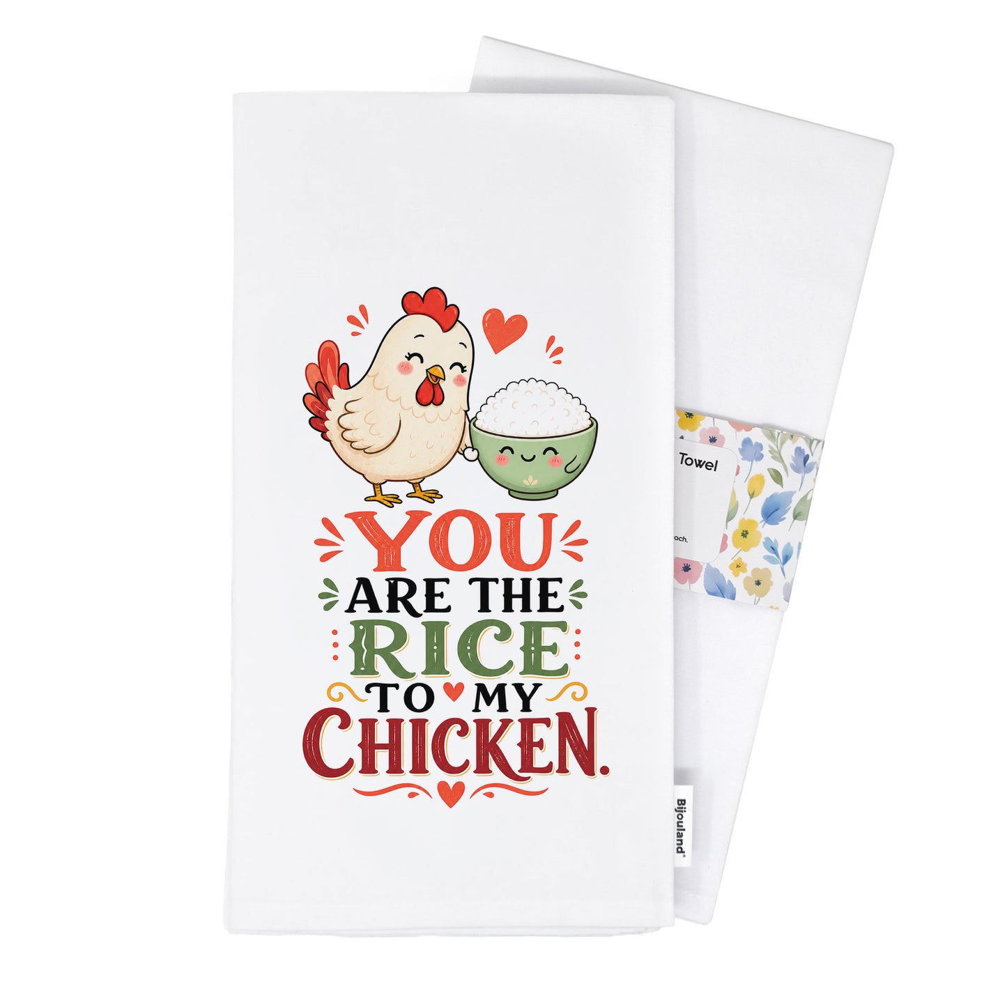 Folded You Are the Rice to My Chicken kawaii food pun tea towel presented with its paper belly band.