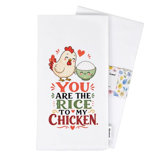 Folded You Are the Rice to My Chicken kawaii food pun tea towel presented with its paper belly band.