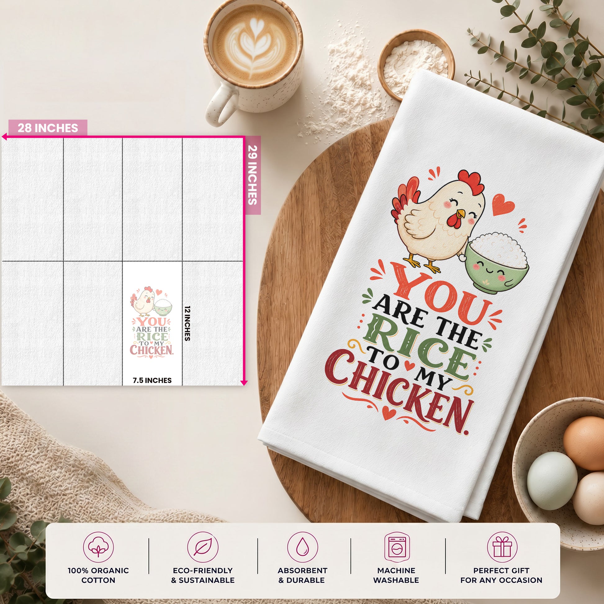 You Are the Rice to My Chicken kawaii food pun towel size guide showing the 28 by 29 inch towel and 12 by 7.5 inch printed display area.