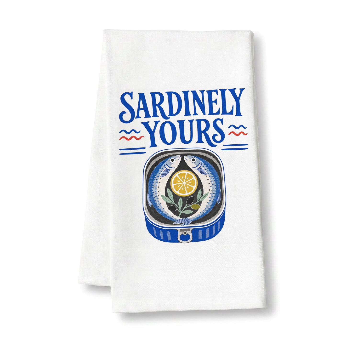 White tea towel printed with the Sardinely Yours design featuring sardines and lemon, shown flat on a white background.