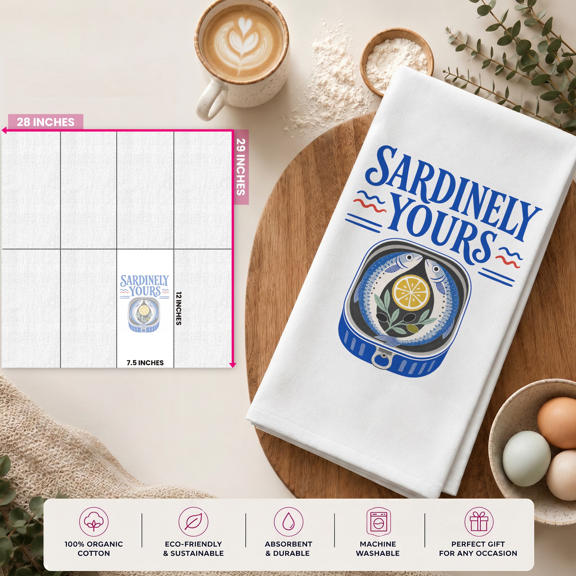 Sardinely Yours tea towel size guide showing the 28 by 29 inch towel and 12 by 7.5 inch printed display area.