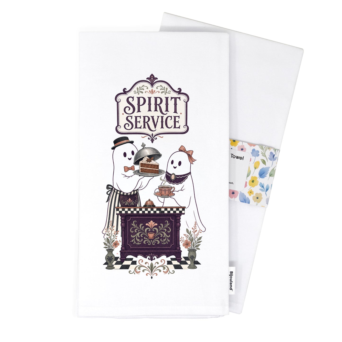 Folded Spirit Service Ghost Halloween Kitchen Towel presented with its paper belly band and woven label.