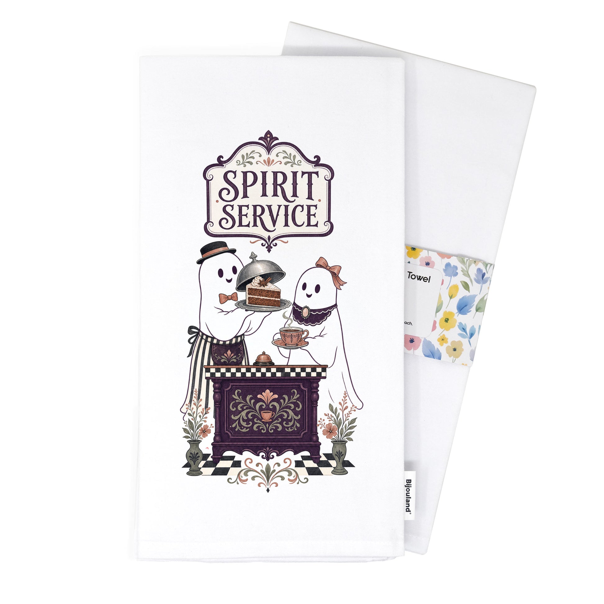 Folded Spirit Service Ghost Halloween Kitchen Towel presented with its paper belly band and woven label.