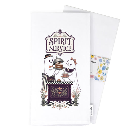 Folded Spirit Service Ghost Halloween Kitchen Towel presented with its paper belly band and woven label.