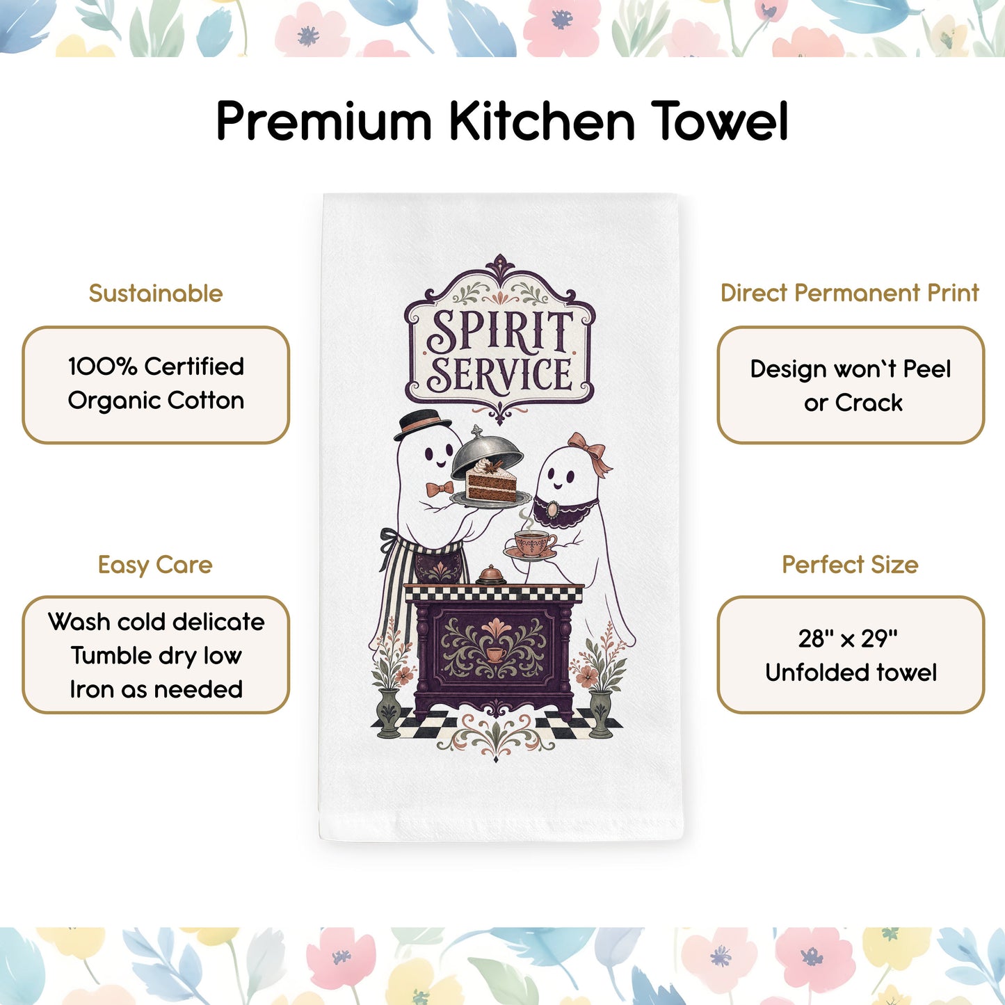 Product benefits graphic for the Spirit Service Ghost Halloween Kitchen Towel highlighting organic cotton, hemmed edges, and a hanging loop.