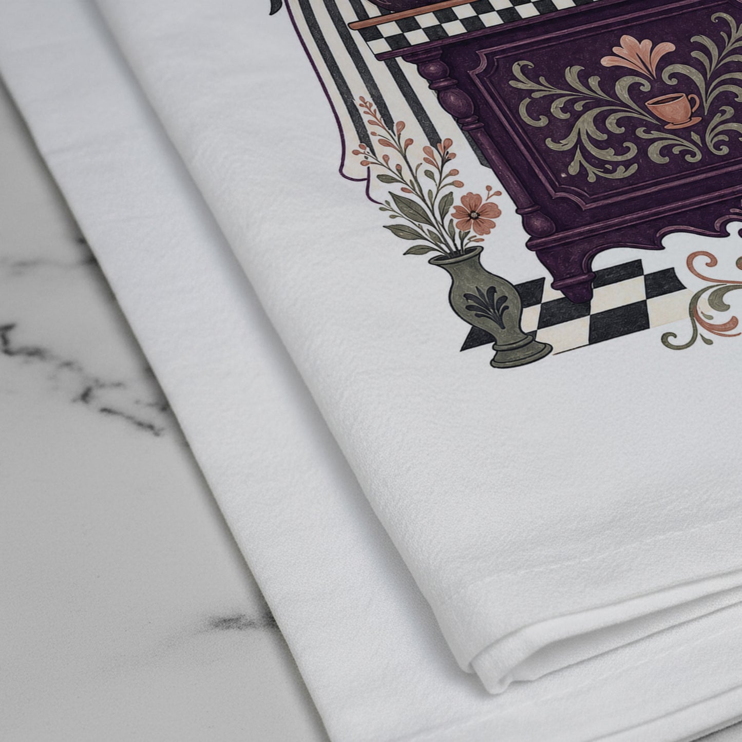 Close-up of the Spirit Service Ghost Halloween Kitchen Towel print showing two friendly ghosts serving cake and tea at a vintage cafe counter on white flour sack organic cotton.