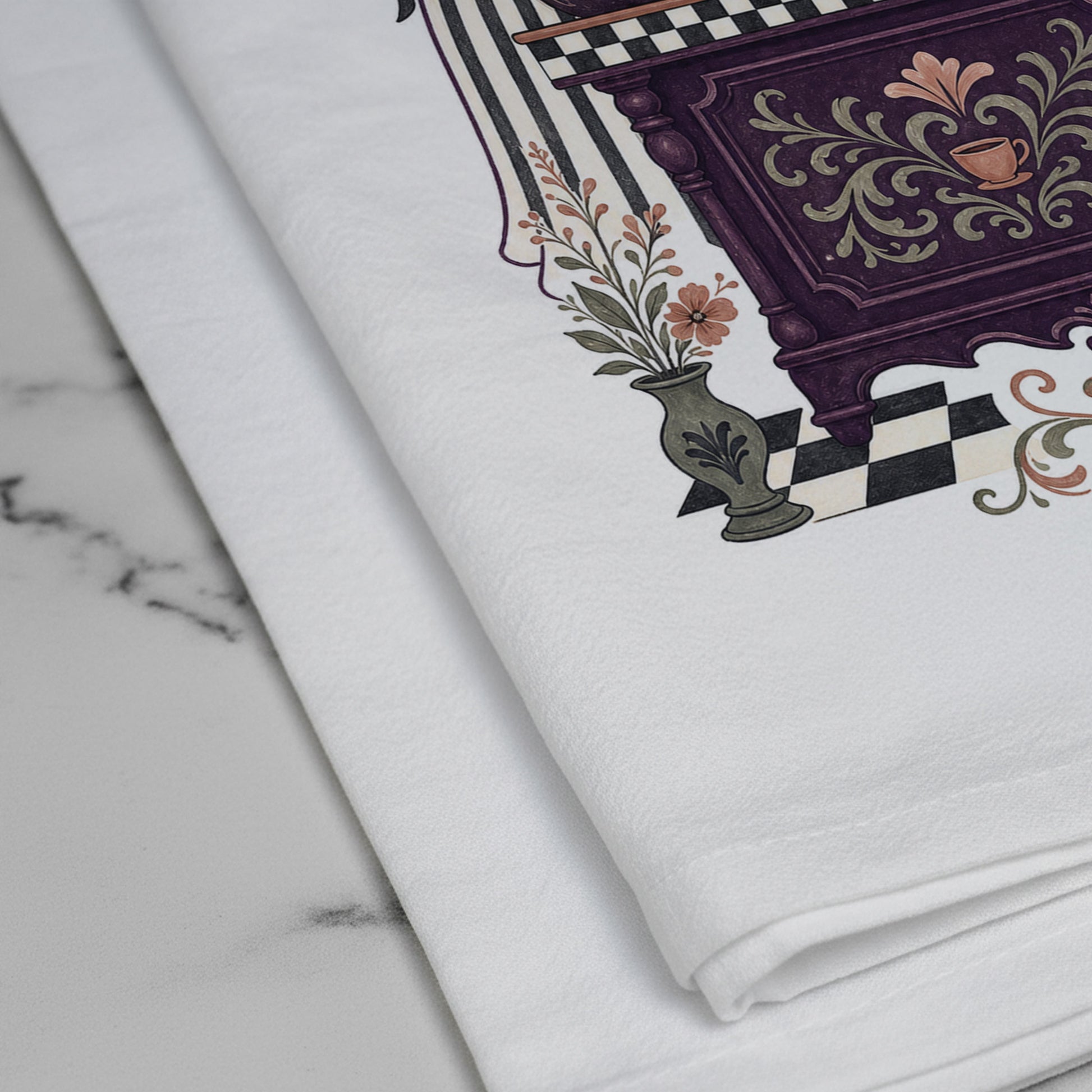Close-up of the Spirit Service Ghost Halloween Kitchen Towel print showing two friendly ghosts serving cake and tea at a vintage cafe counter on white flour sack organic cotton.