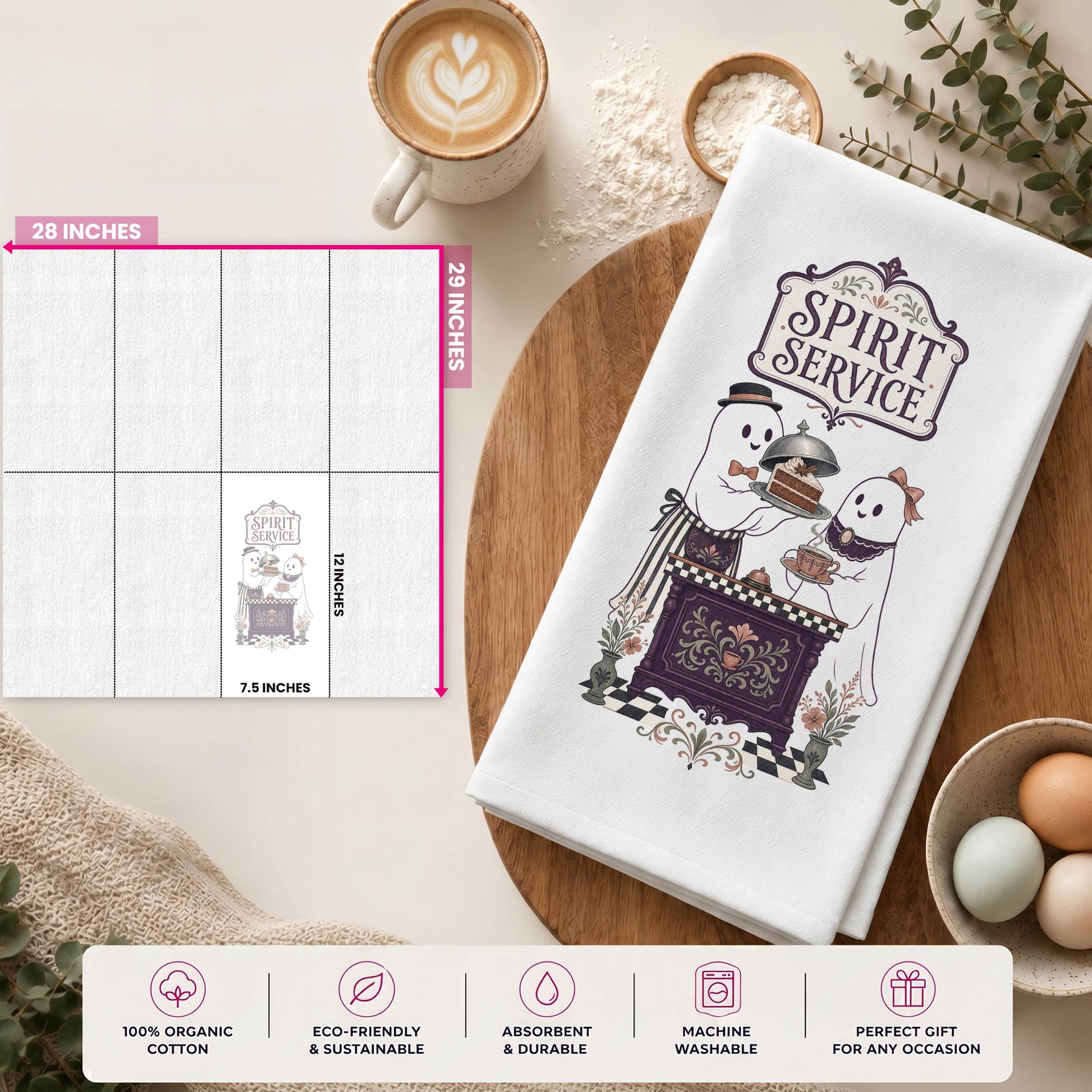 Spirit Service Ghost Halloween Kitchen Towel size guide showing the 28 by 29 inch towel and 12 by 7.5 inch printed display area.