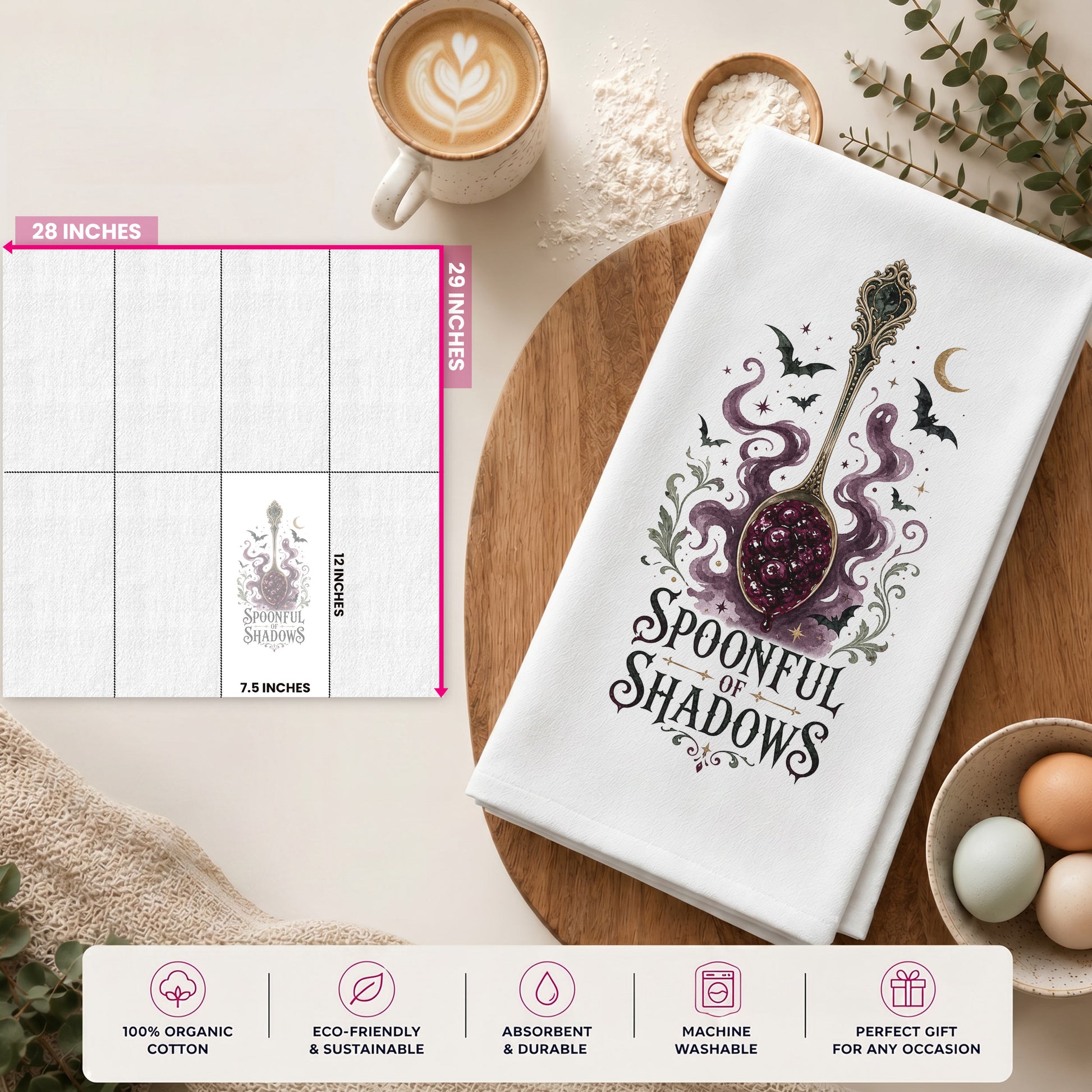 Spoonful of Shadows Gothic Halloween Kitchen Towel size guide showing the 28 by 29 inch towel and 12 by 7.5 inch printed display area.