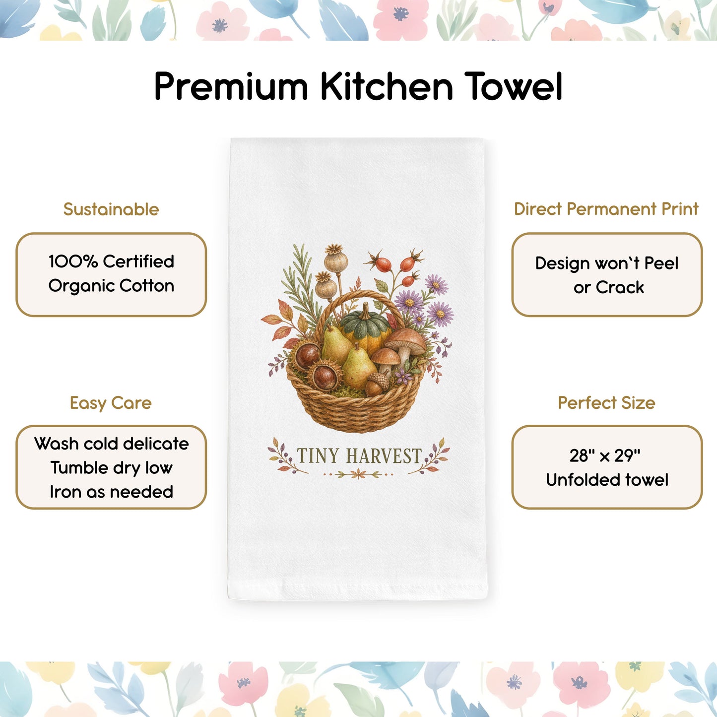 Product benefits graphic for the Tiny Harvest Autumn Tea Towel highlighting organic cotton, hemmed edges, and a hanging loop.