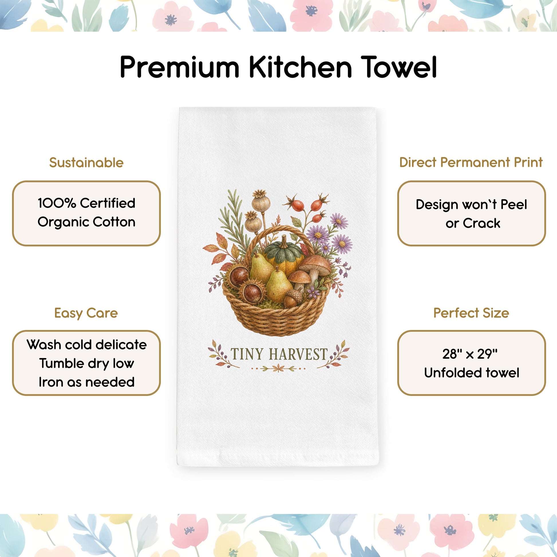 Product benefits graphic for the Tiny Harvest Autumn Tea Towel highlighting organic cotton, hemmed edges, and a hanging loop.