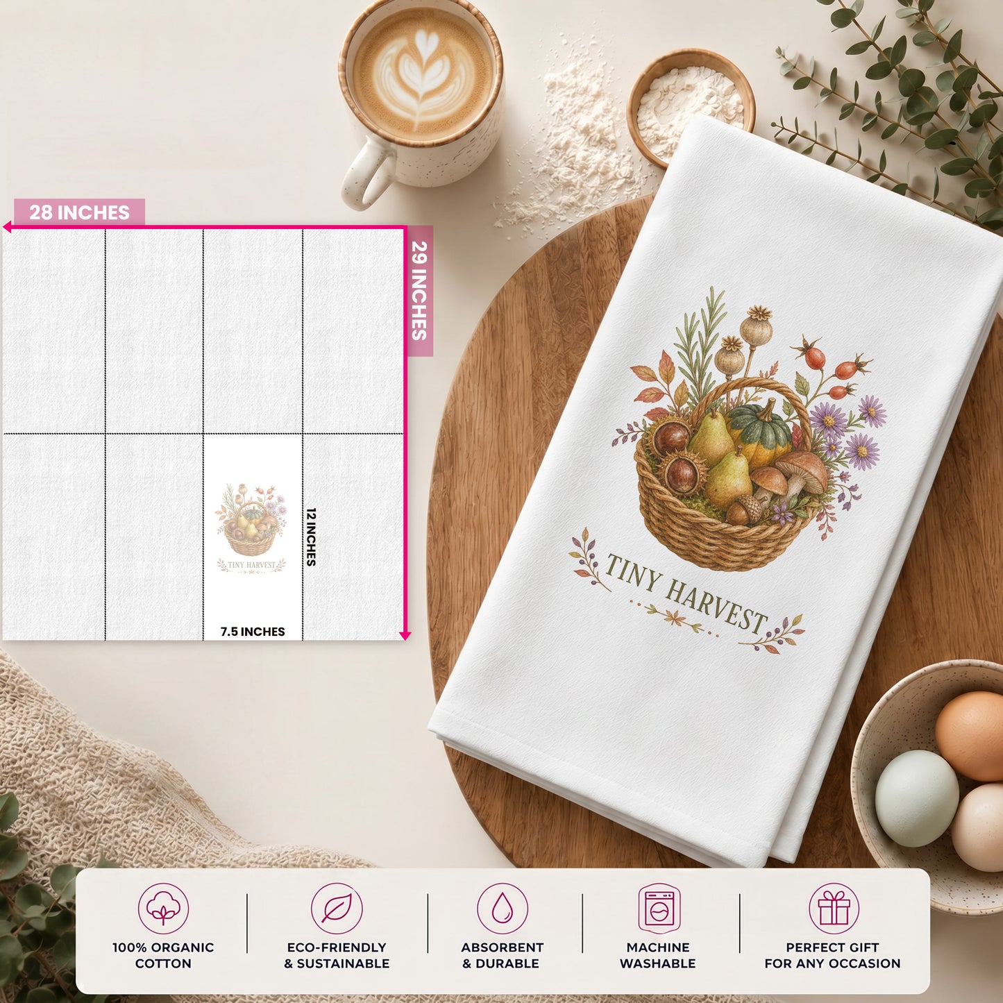 Tiny Harvest Autumn Tea Towel size guide showing the 28 by 29 inch towel and 12 by 7.5 inch printed display area.
