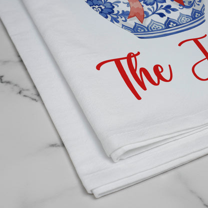 Chinoiserie Christmas Tree with Cardinals in Blue and White Vase Tea Towel