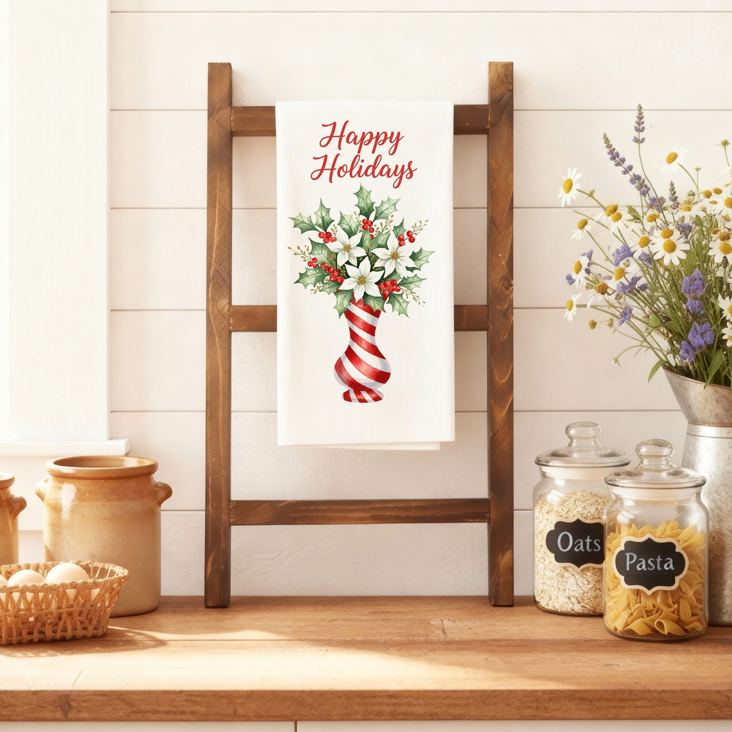 Candy Cane Tree and Poinsettia Vase - Holiday Tea Towels
