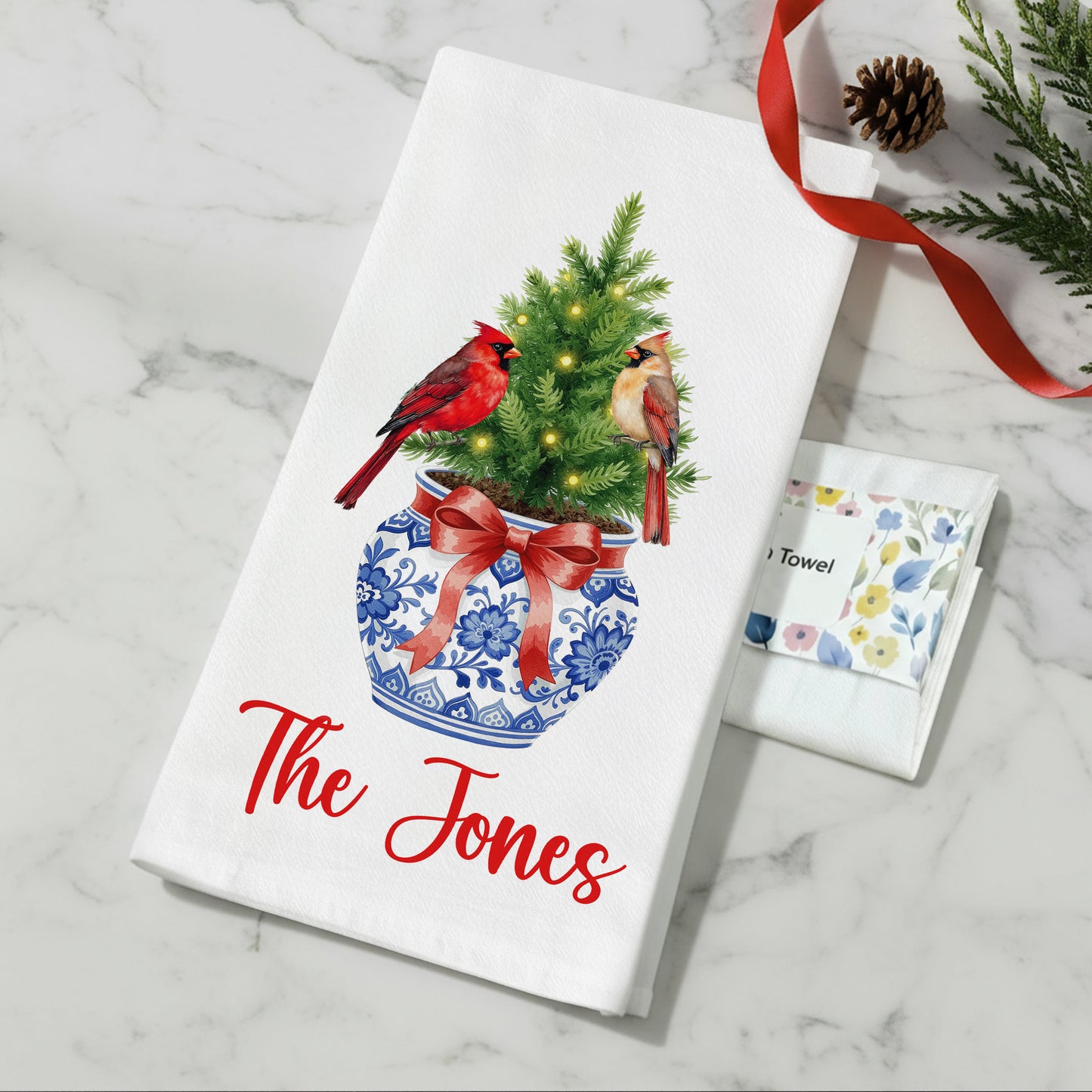 Chinoiserie Christmas Tree with Cardinals in Blue and White Vase Tea Towel