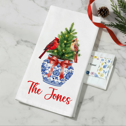 Chinoiserie Christmas Tree with Cardinals in Blue and White Vase Tea Towel