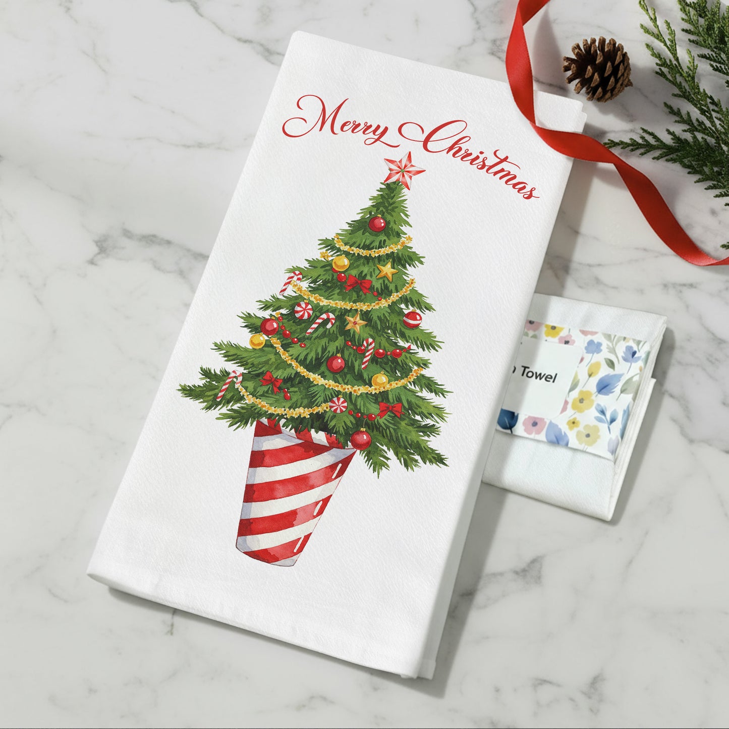 Candy Cane Tree and Poinsettia Vase - Holiday Tea Towels
