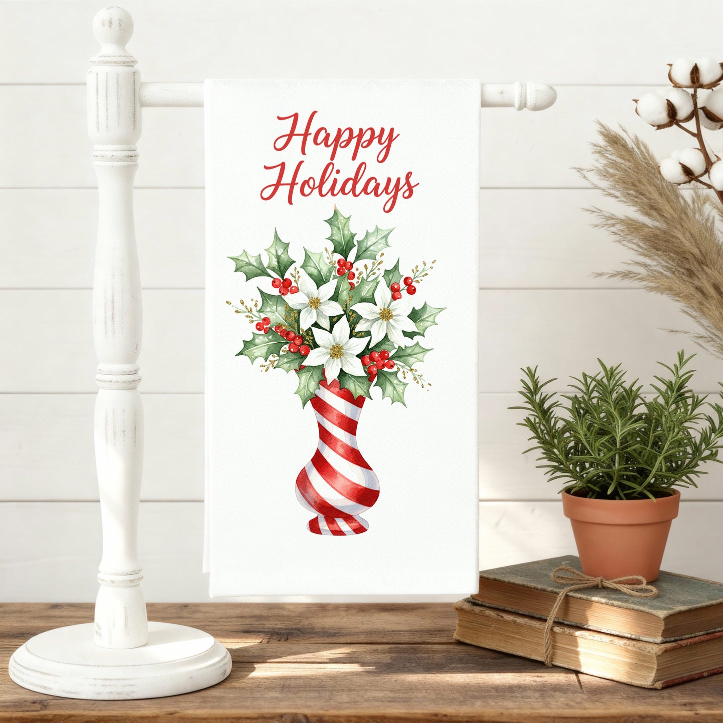 Candy Cane Tree and Poinsettia Vase - Holiday Tea Towels
