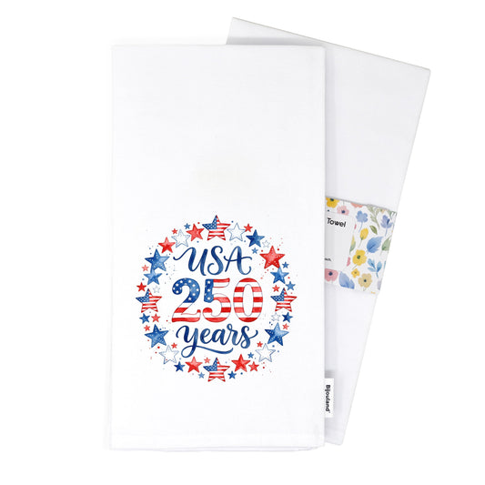 Folded USA 250 Years Stars tea towel with belly band packaging