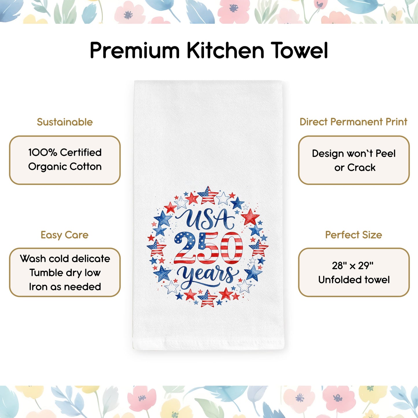 Organic cotton tea towel details and care highlights