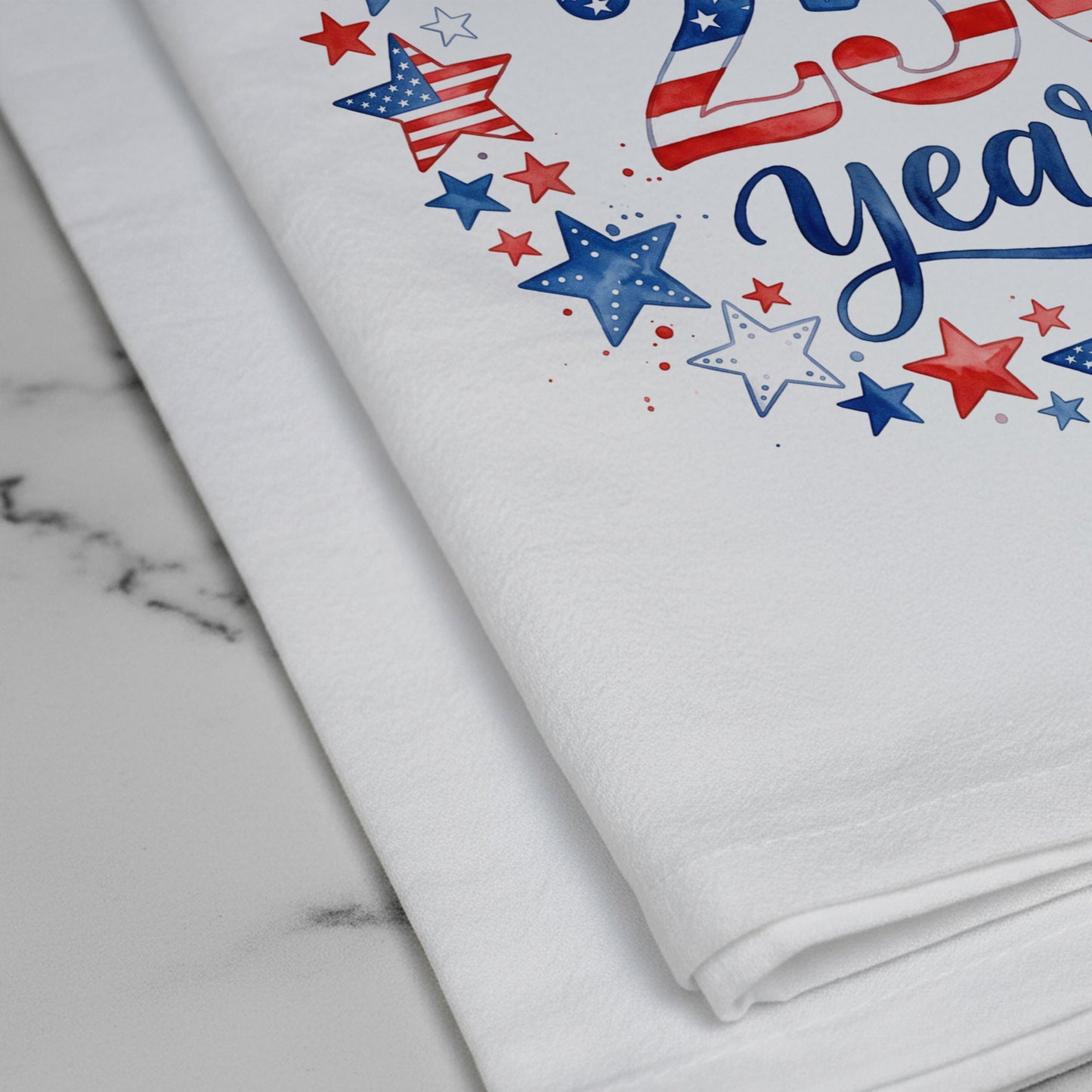 Close-up of USA 250 Years Stars artwork printed on white flour sack cotton