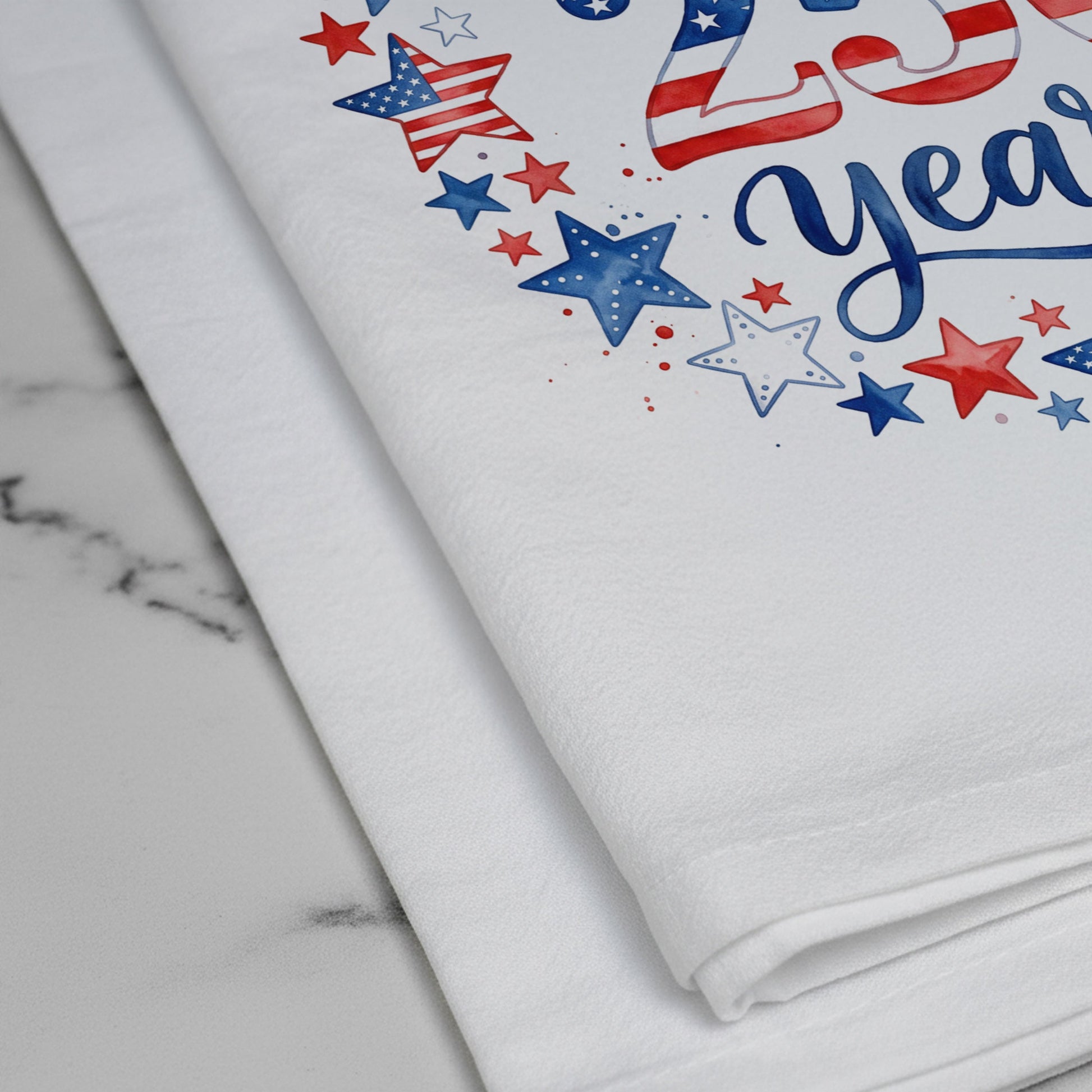 Close-up of USA 250 Years Stars artwork printed on white flour sack cotton