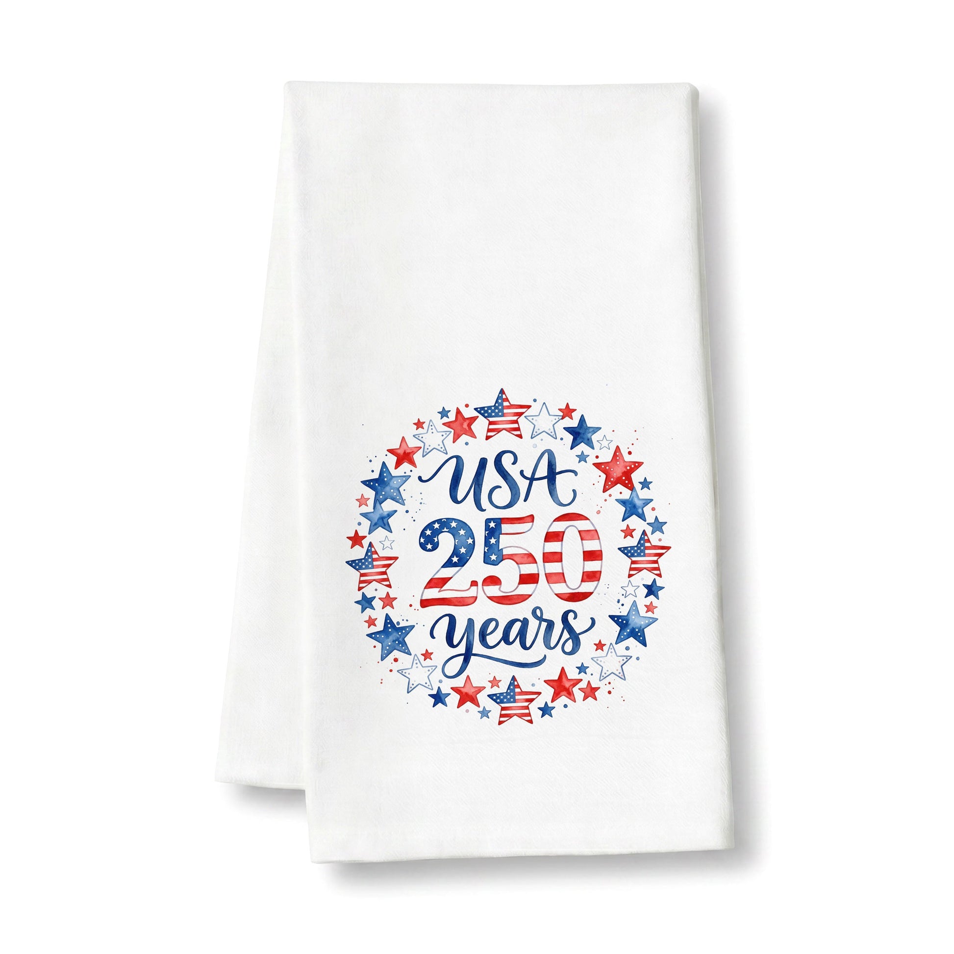 USA 250 Years Stars tea towel on a clean white background