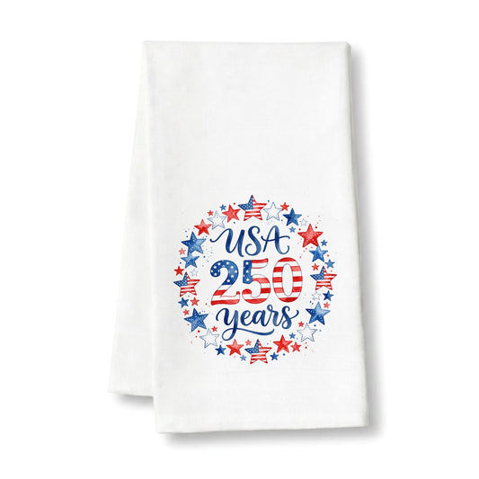 USA 250 Years Stars tea towel on a clean white background