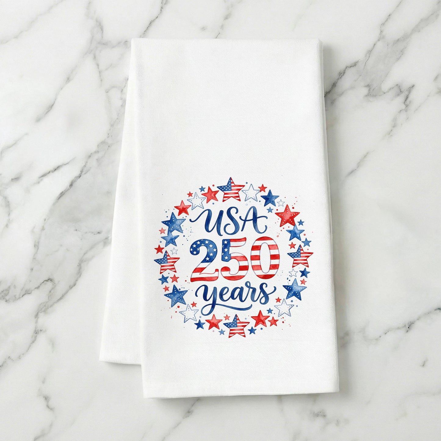 USA 250 Years Stars tea towel styled on a marble surface