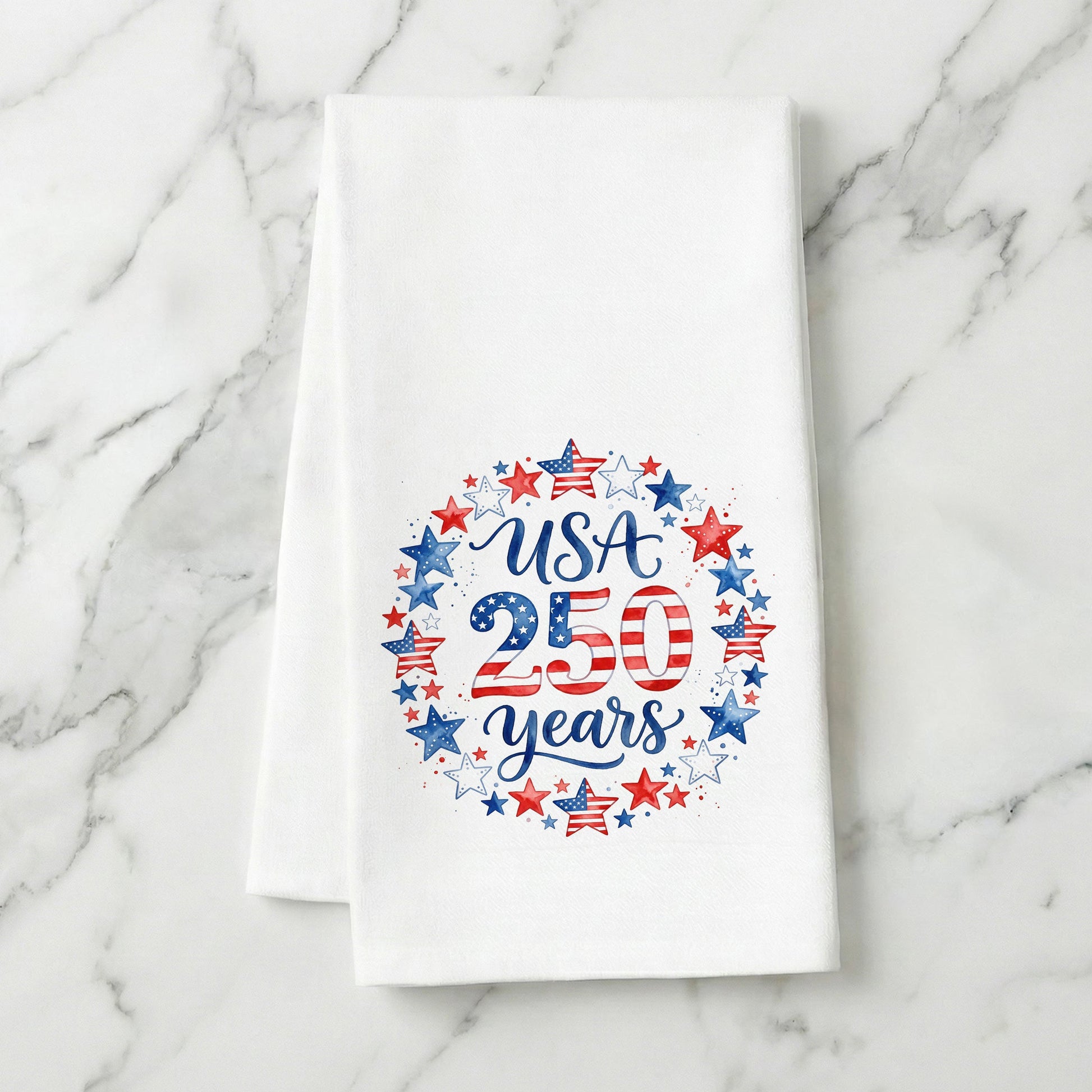 USA 250 Years Stars tea towel styled on a marble surface