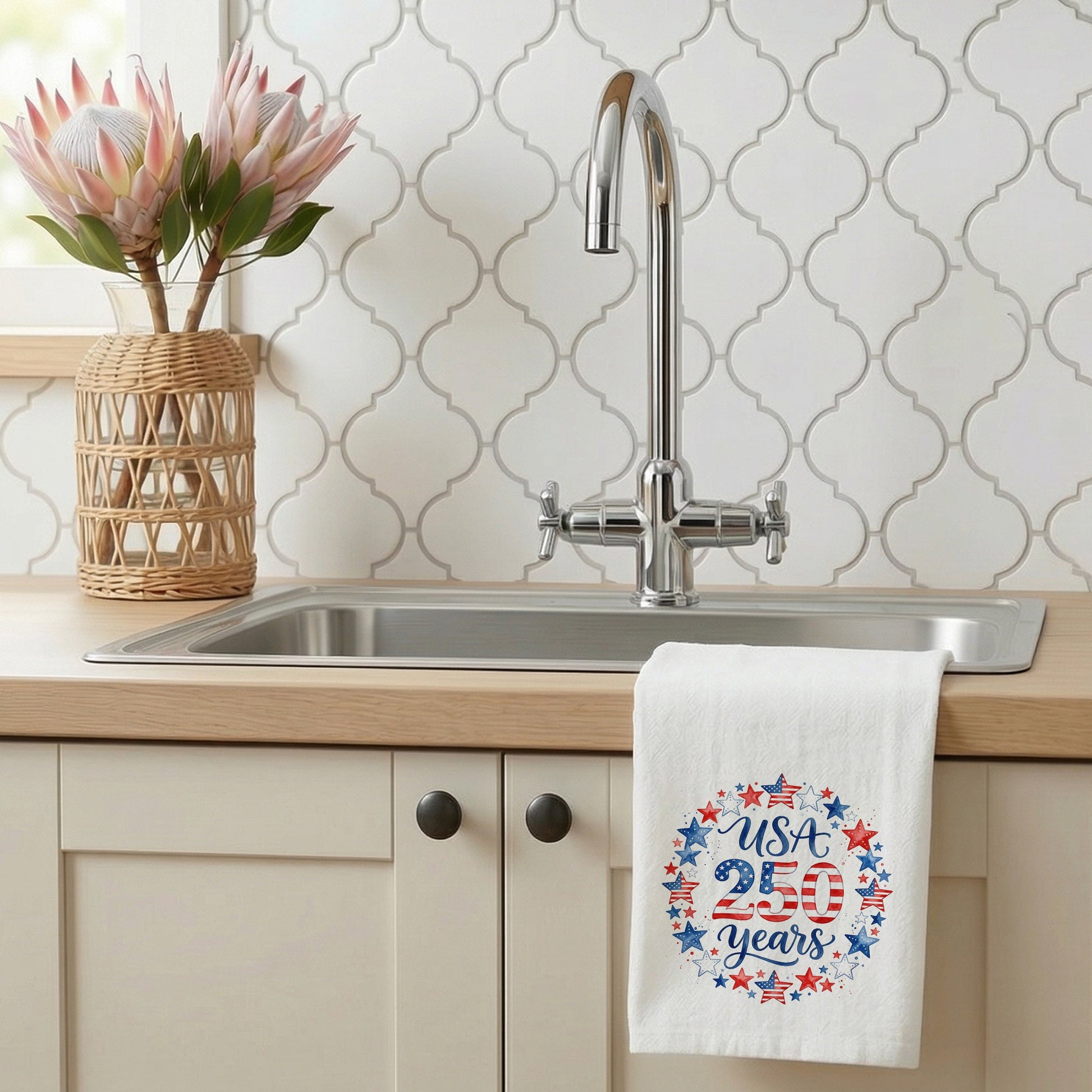 USA 250 Years Stars tea towel styled by a kitchen sink