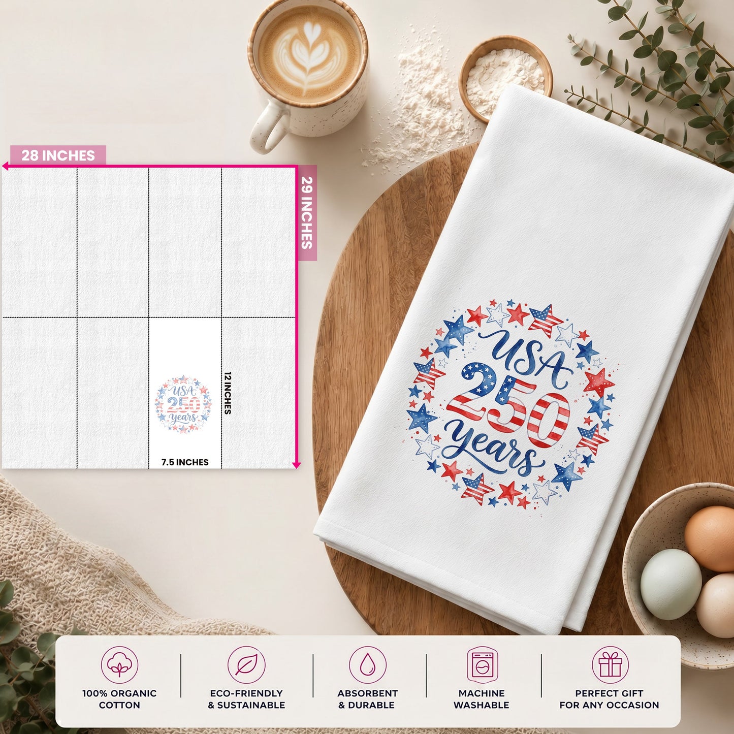 Size guide for white flour sack organic cotton tea towel