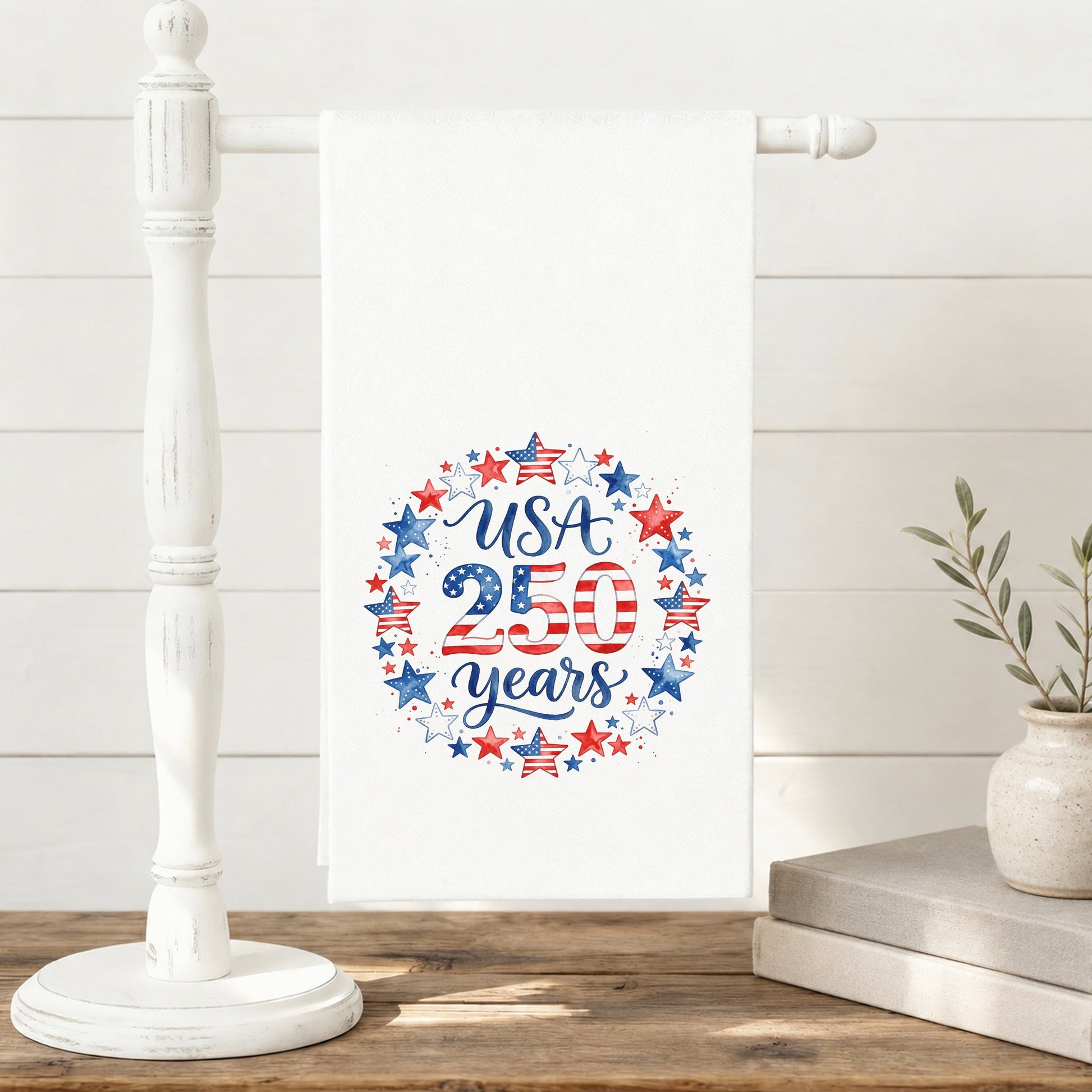 USA 250 Years Stars tea towel displayed on a towel stand