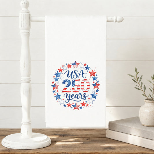 USA 250 Years Stars tea towel displayed on a towel stand