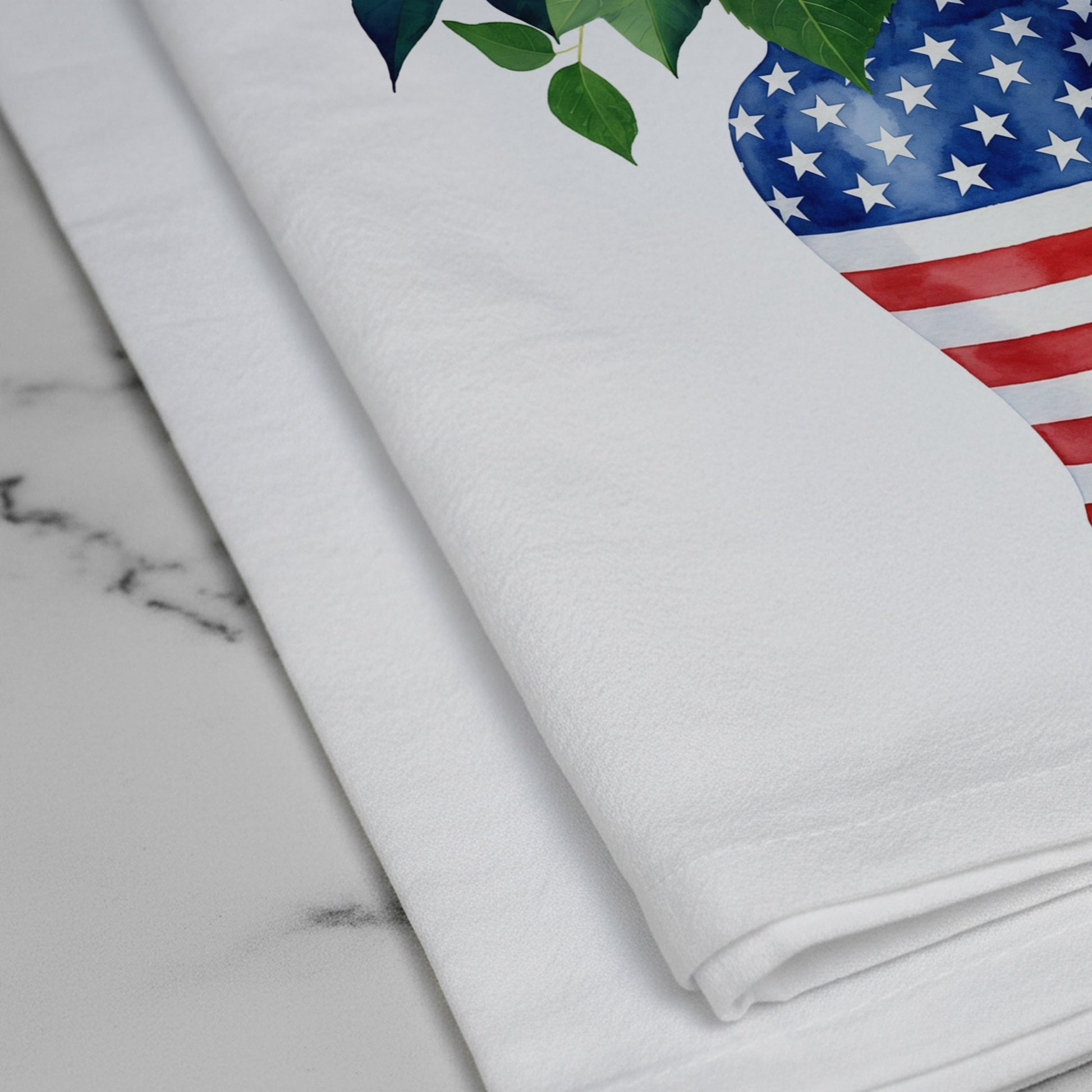 Close-up of USA hydrangea vase tea towel artwork on white cotton