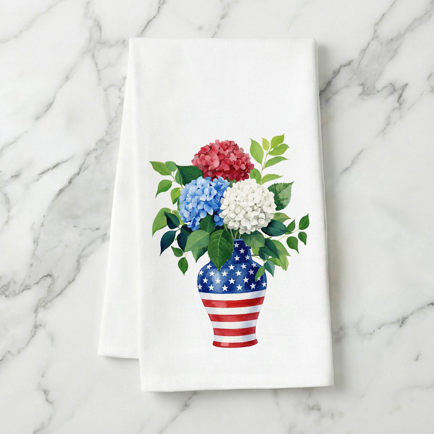 USA hydrangea vase tea towel styled on marble