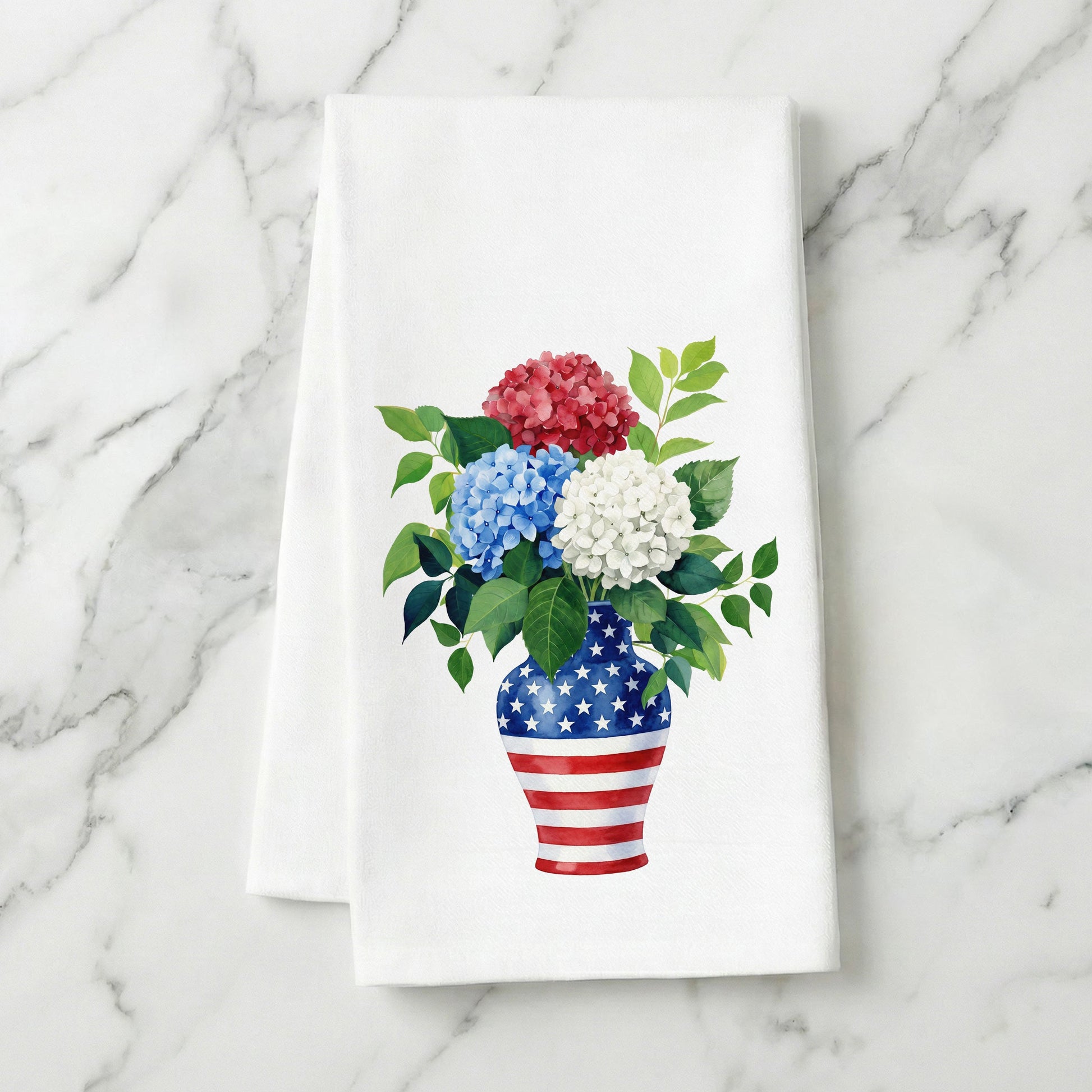 USA hydrangea vase tea towel styled on marble
