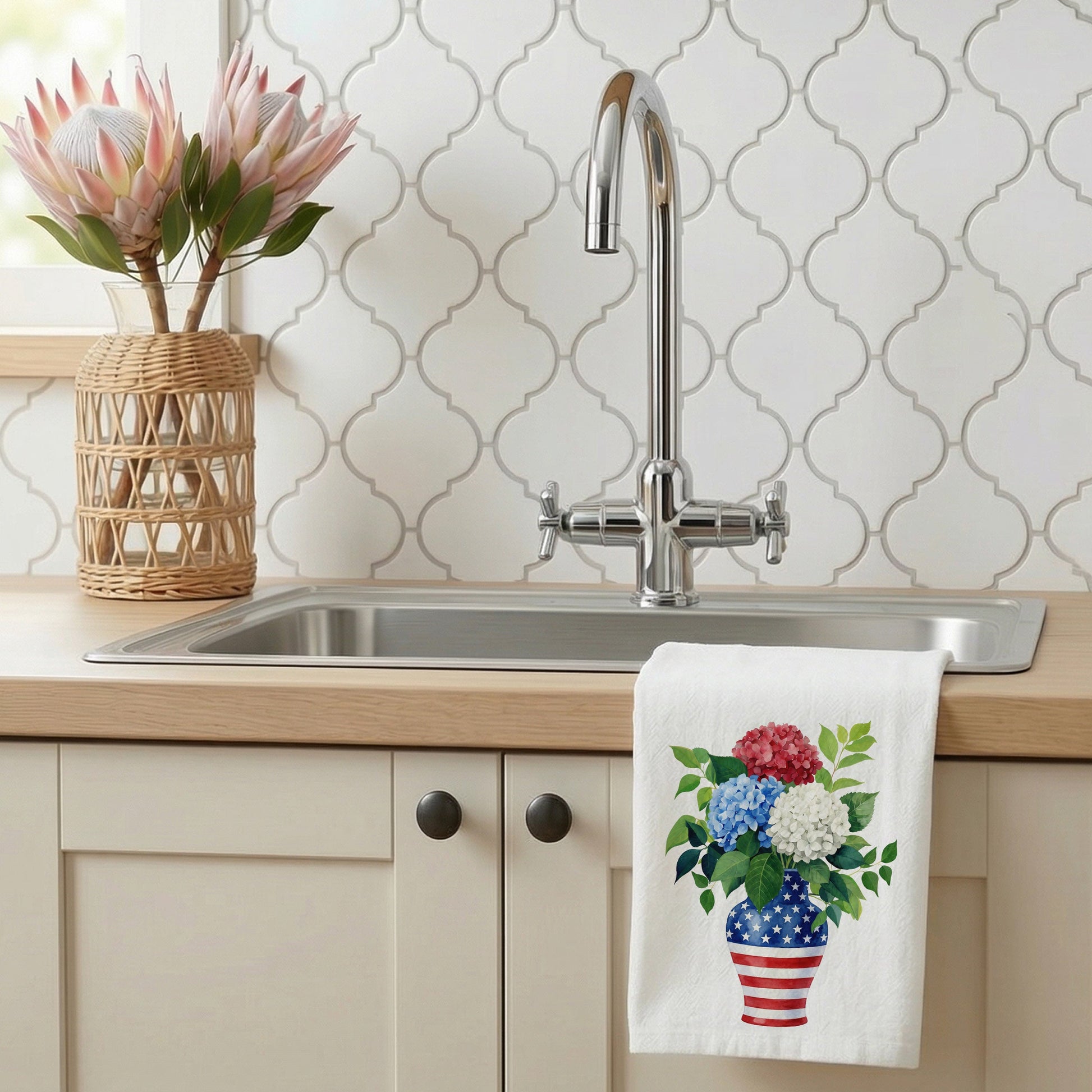 USA hydrangea vase tea towel styled by a kitchen sink