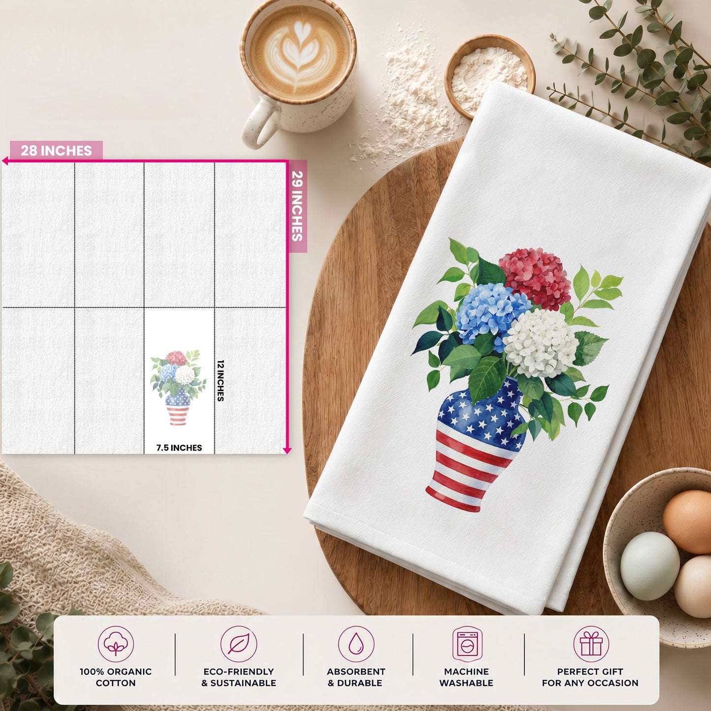Size guide for USA hydrangea vase tea towel