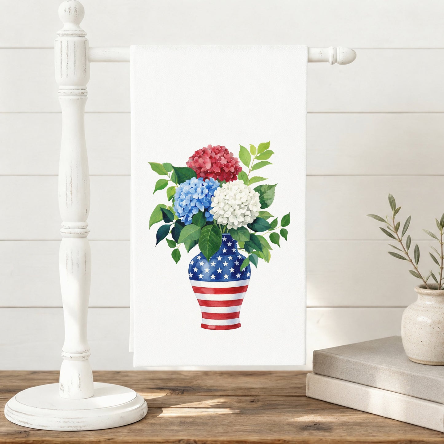 USA hydrangea vase tea towel displayed on a towel stand