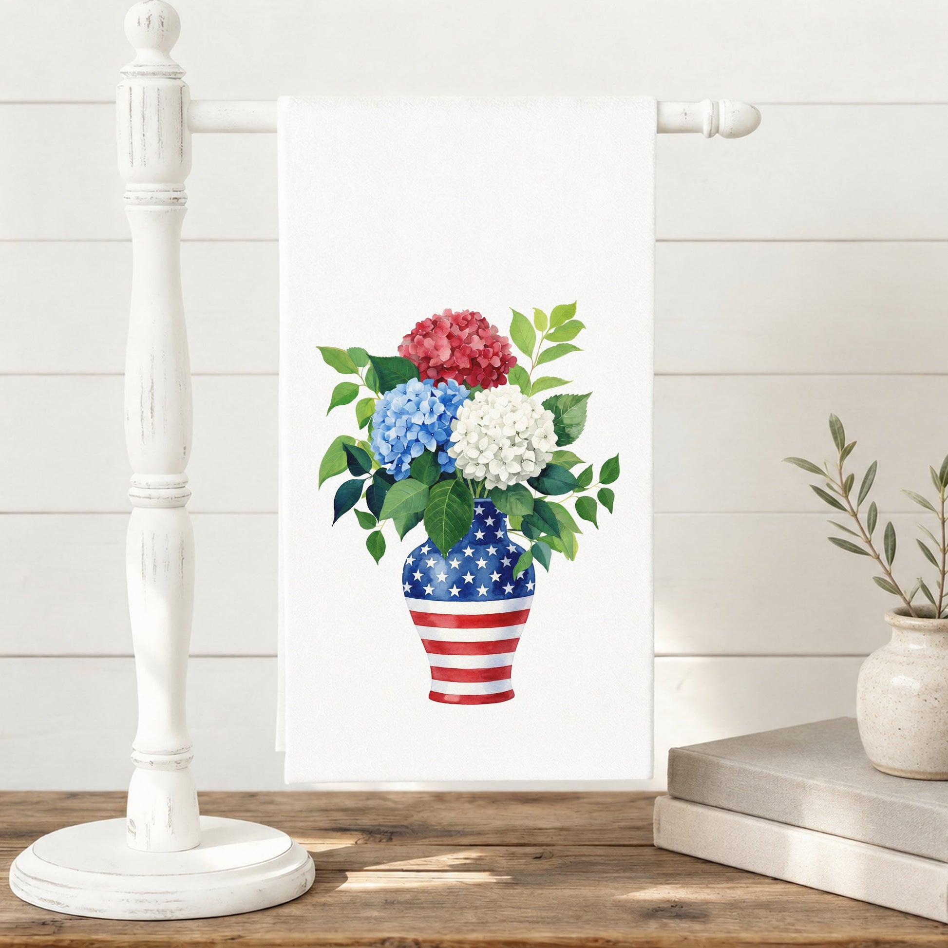 USA hydrangea vase tea towel displayed on a towel stand