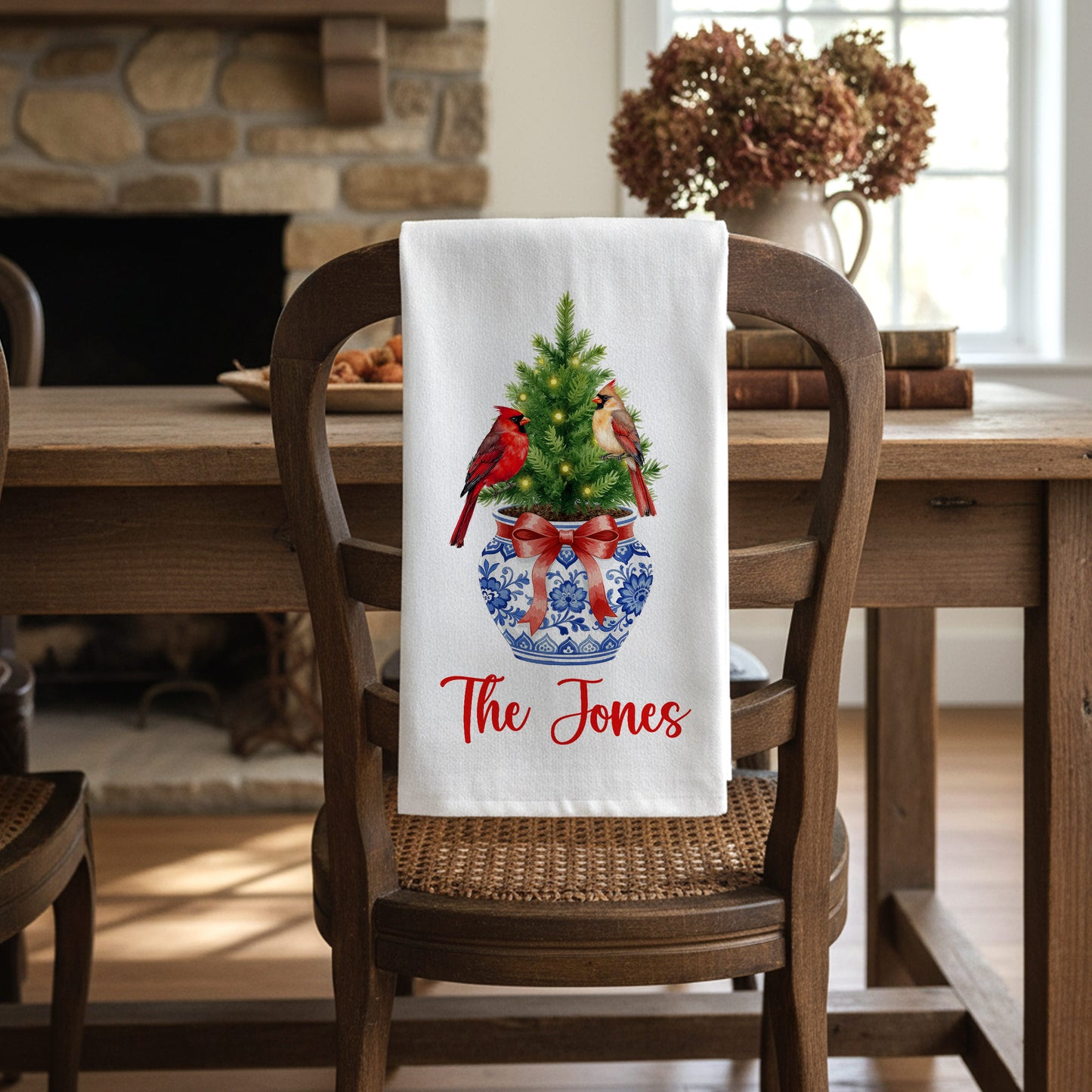Chinoiserie Christmas Tree with Cardinals in Blue and White Vase Tea Towel