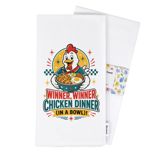 Folded Winner Winner Chicken Dinner chicken and rice bowl tea towel presented with its paper belly band.