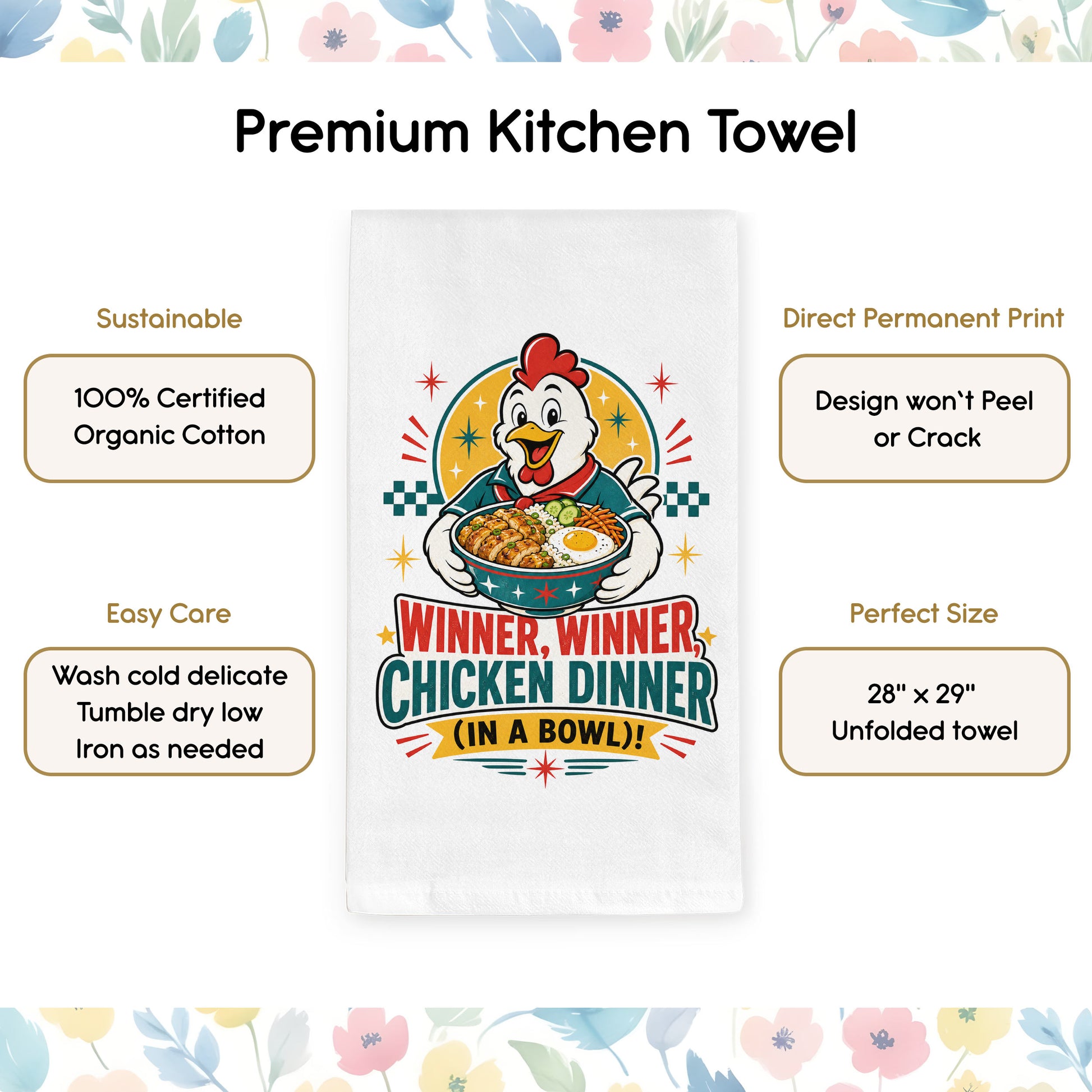 Product benefits graphic for the Winner Winner Chicken Dinner chicken and rice bowl organic cotton kitchen towel.