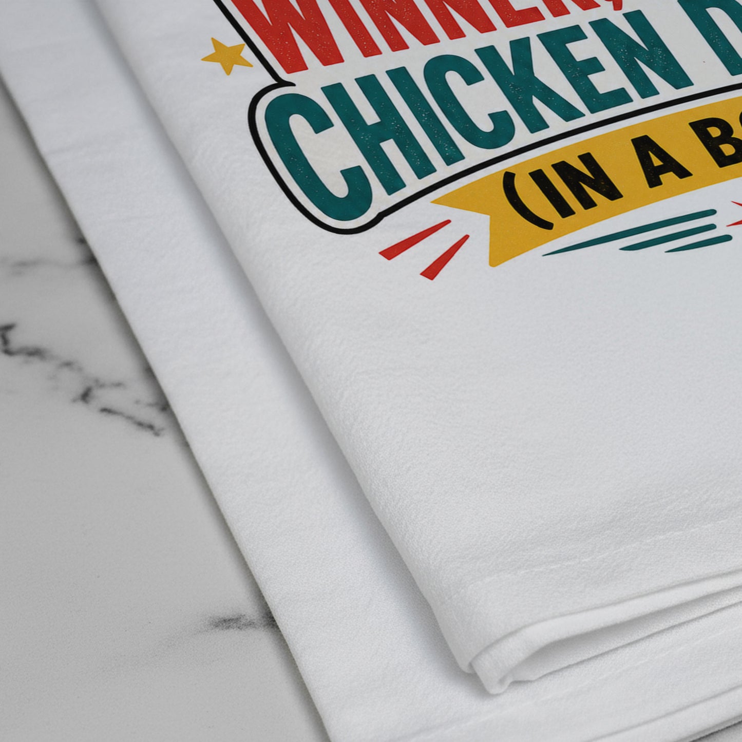 Close-up of the winner winner chicken dinner chicken and rice bowl artwork printed on organic cotton flour sack fabric.