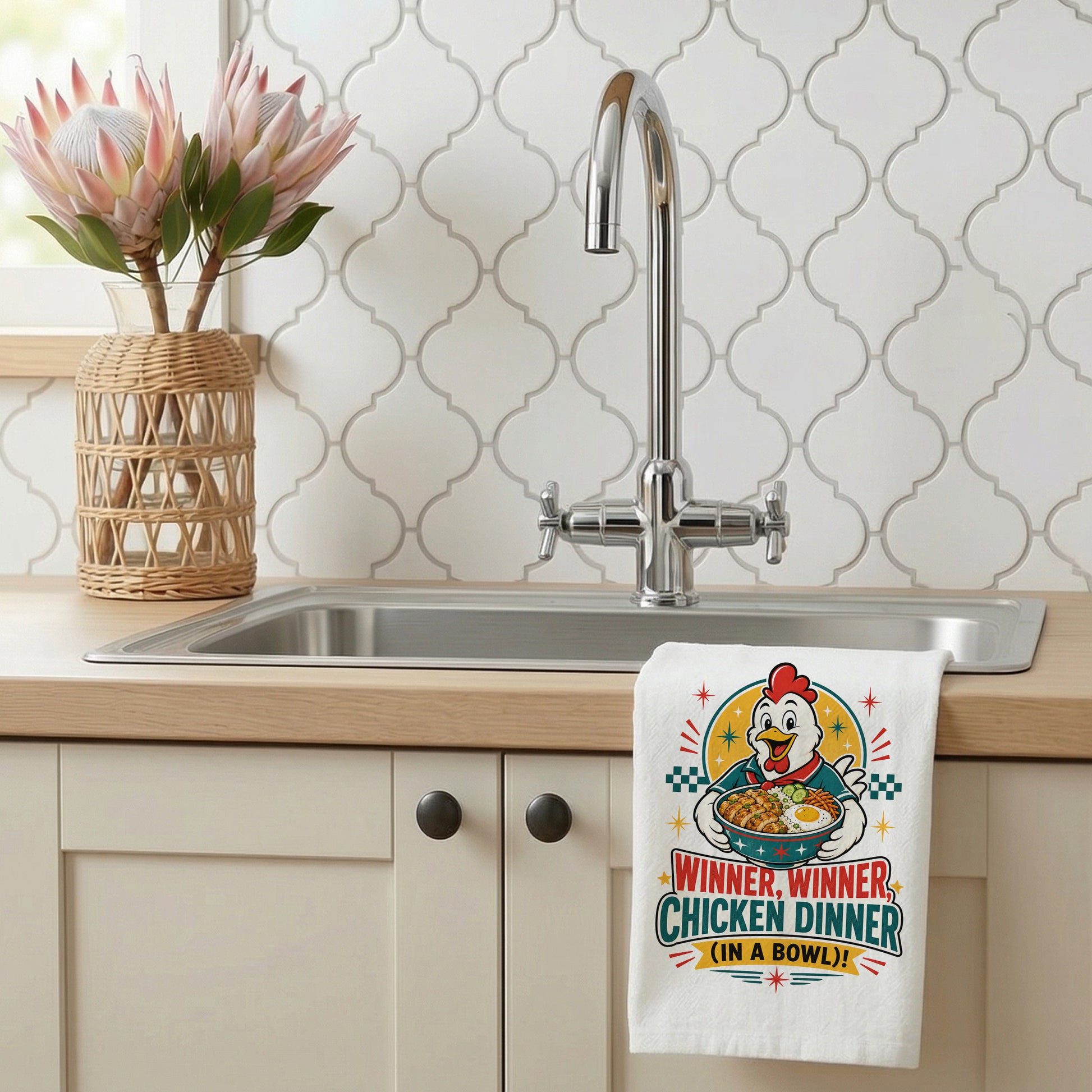 Winner Winner Chicken Dinner chicken and rice bowl kitchen towel styled beside a sink with the design visible.