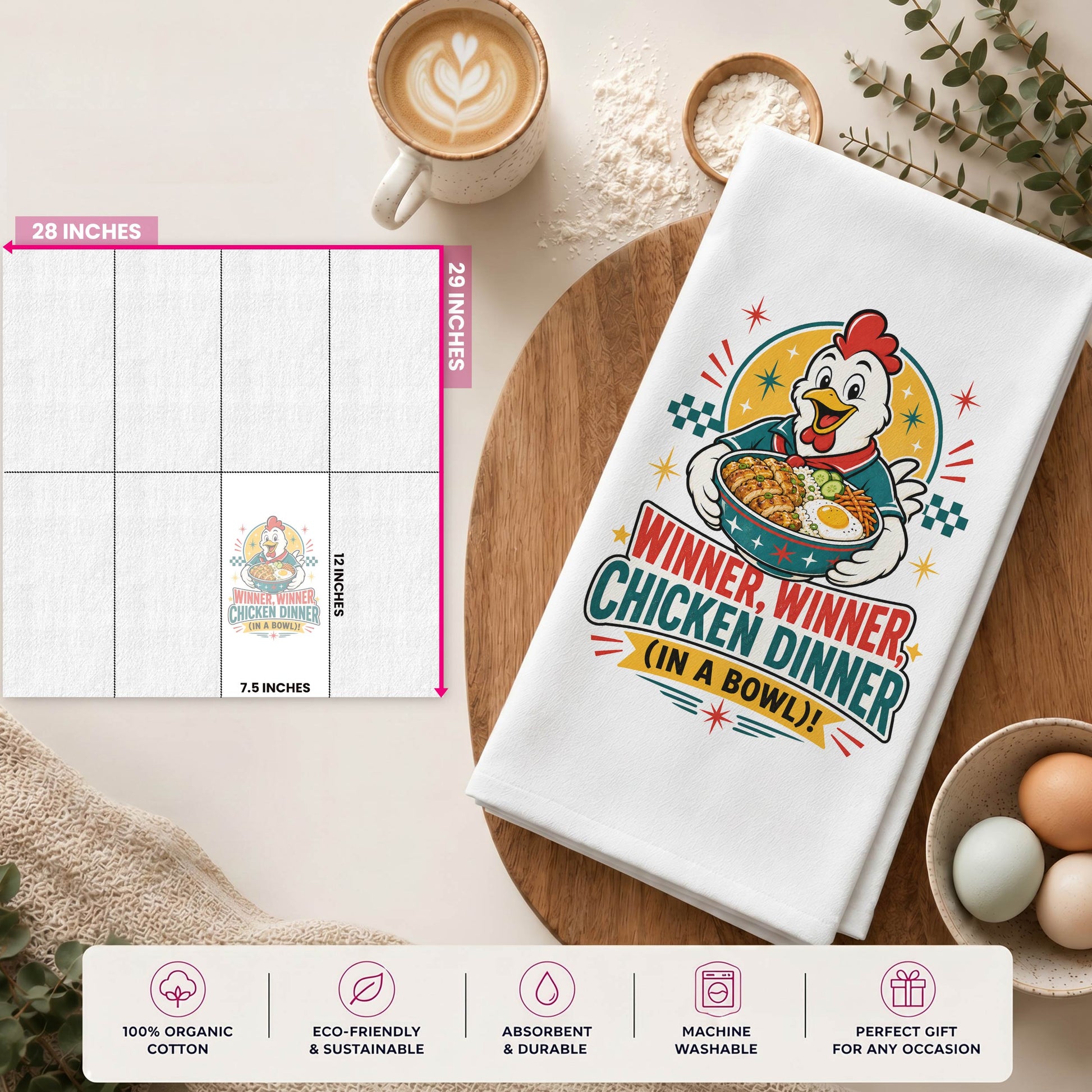 Winner Winner Chicken Dinner chicken and rice bowl towel size guide showing the 28 by 29 inch towel and 12 by 7.5 inch printed display area.