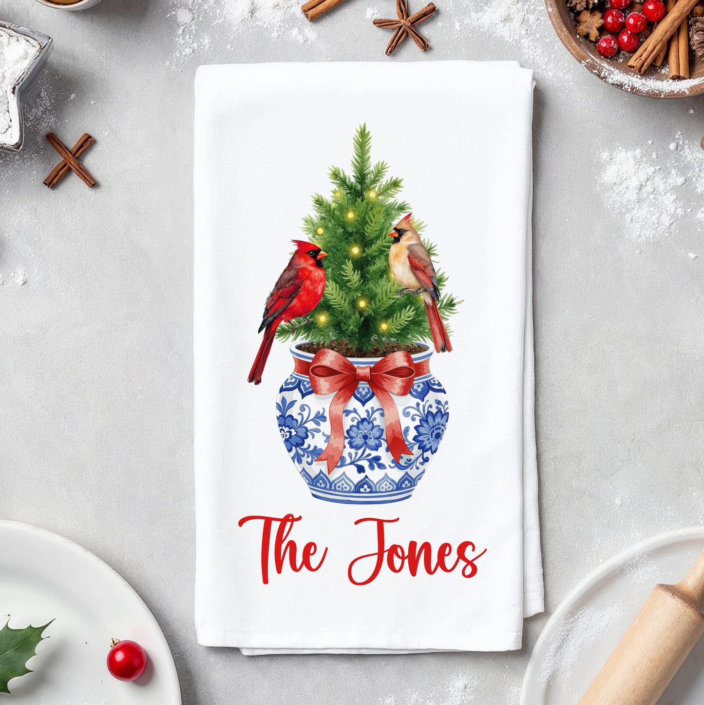 Chinoiserie Christmas Tree with Cardinals in Blue and White Vase Tea Towel